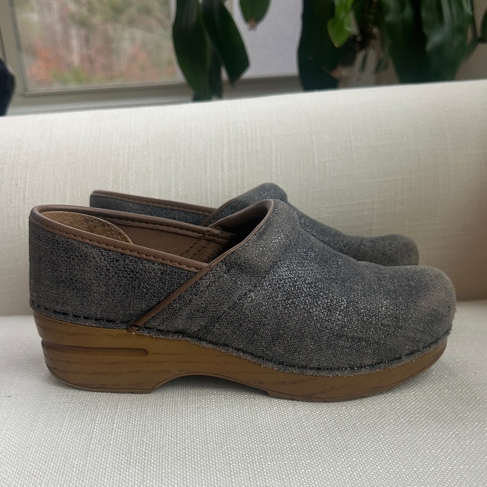Dansko Denim Clogs with Tan Wood-Look Sole